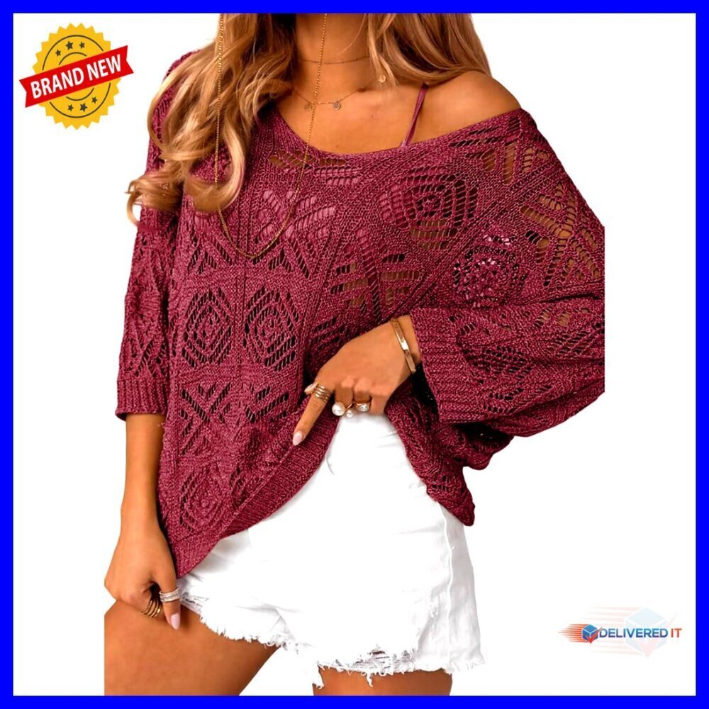 Crochet Hollow Out Pullover Sweater Off Shoulder 3/4 Sleeve Boho Chic